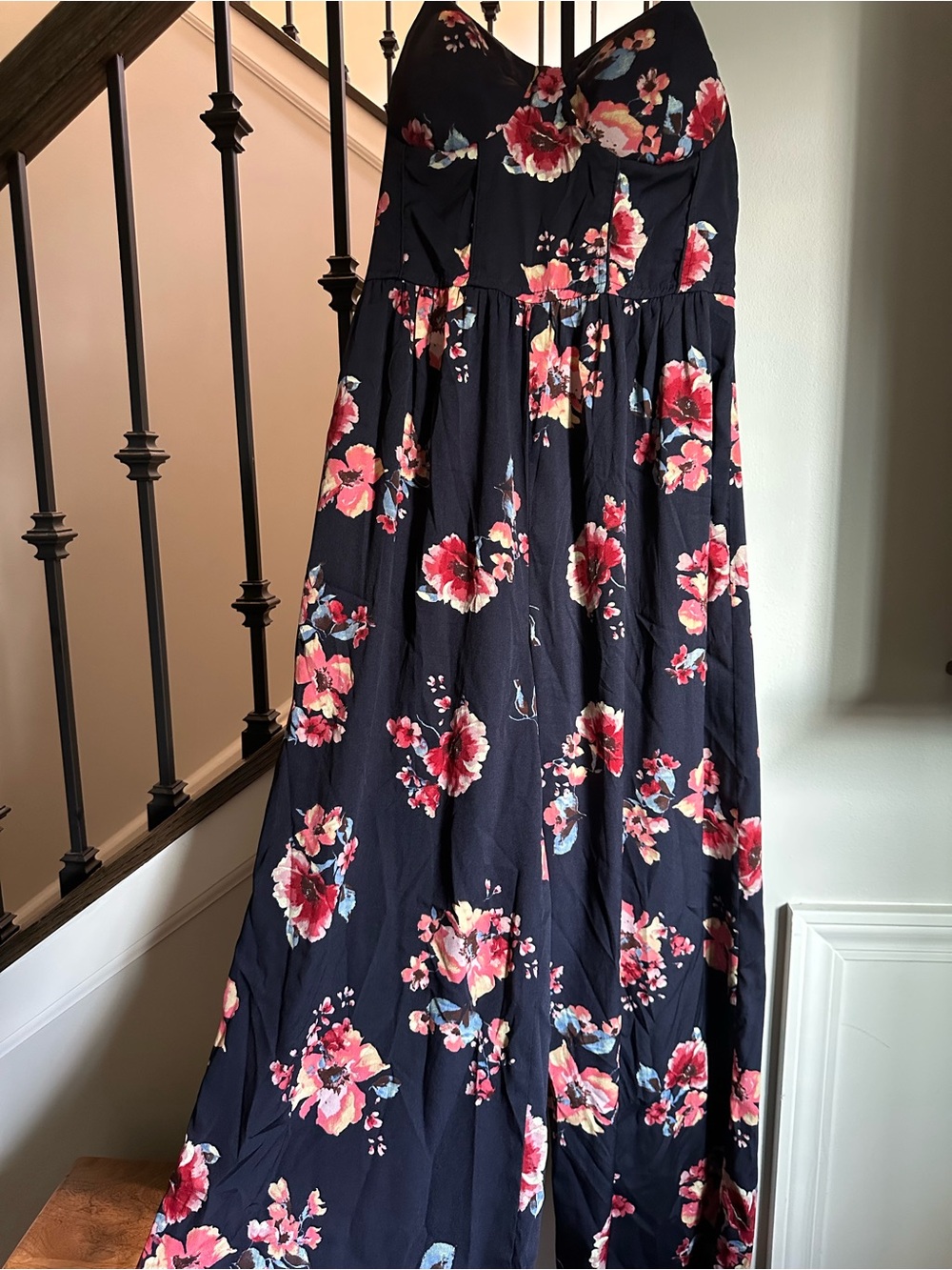 Band of Gypsies Navy Floral Maxi Dress with Pink & Red Blooms
